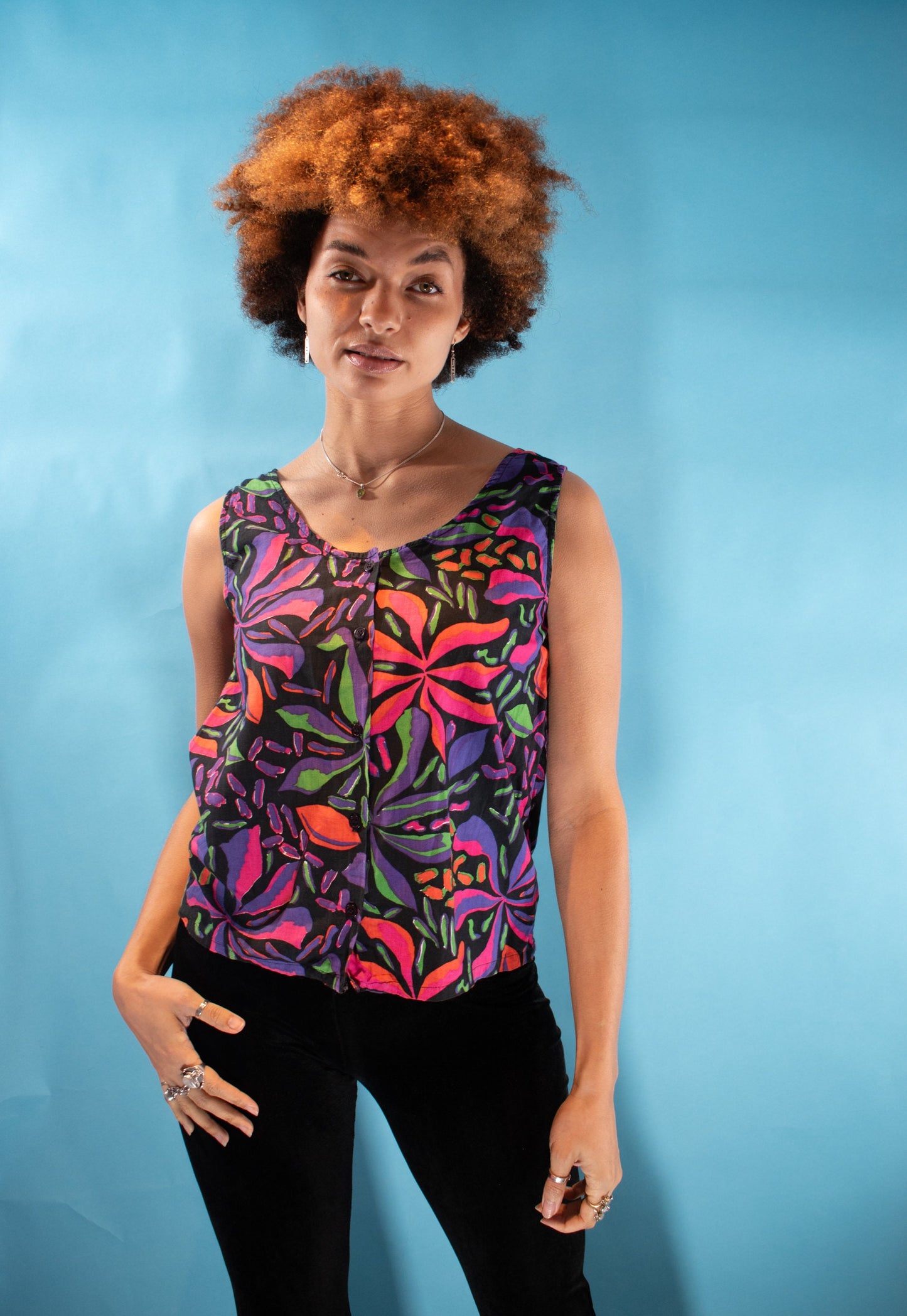 Vintage 1980s M Funky Floral Print Tank Top in Multi Neon.