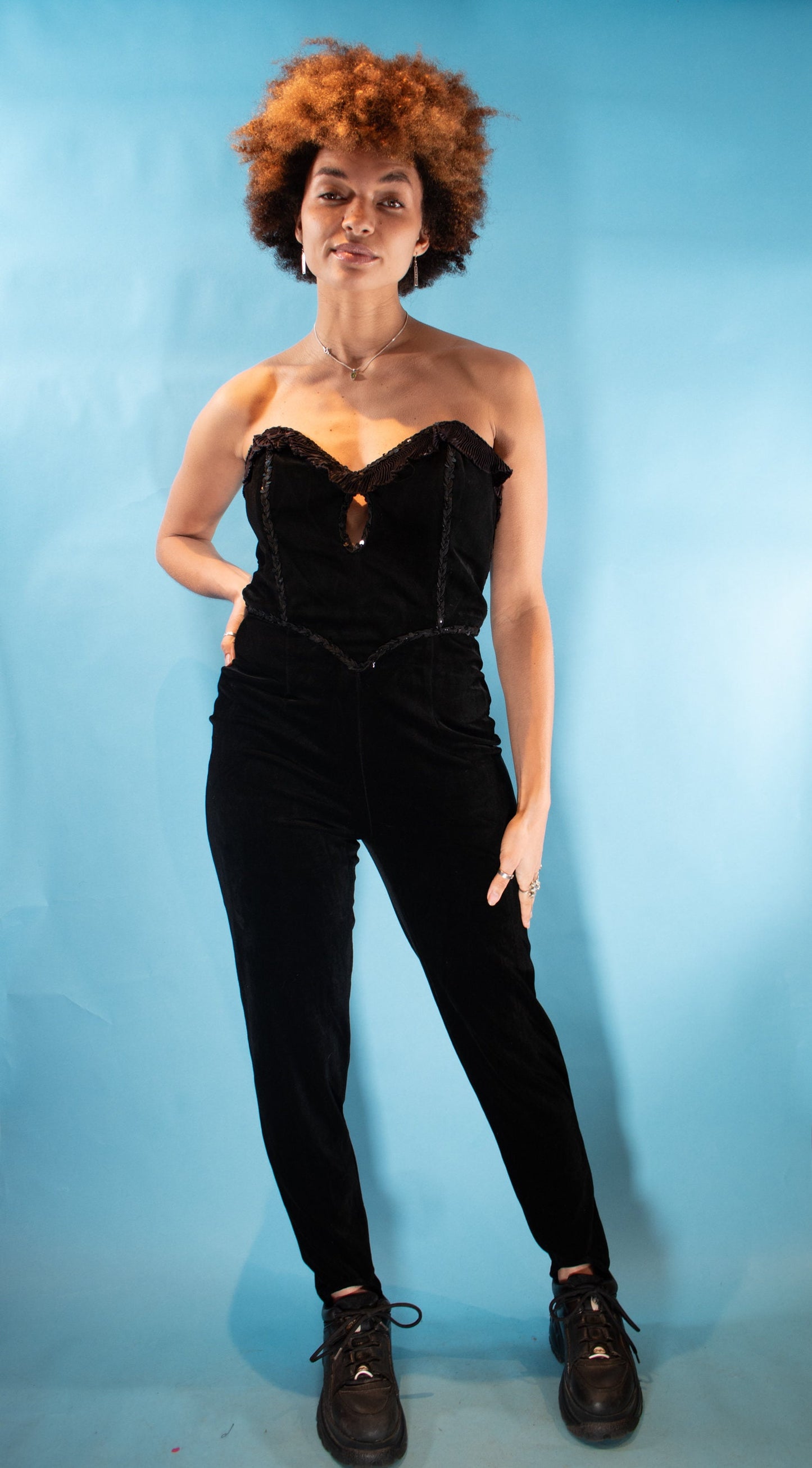 Vintage 1980s S/M Velvet Bandeau Embellished Jumpsuit in Black.