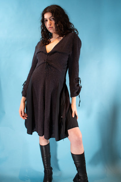 Vintage S/M Y2K Constructed Knitted Mini Dress in Dark Grey/Black.