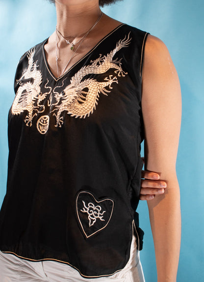 Vintage 1990s M/L Chinoiserie Dragon Embroidered Satin Top in Black & White.