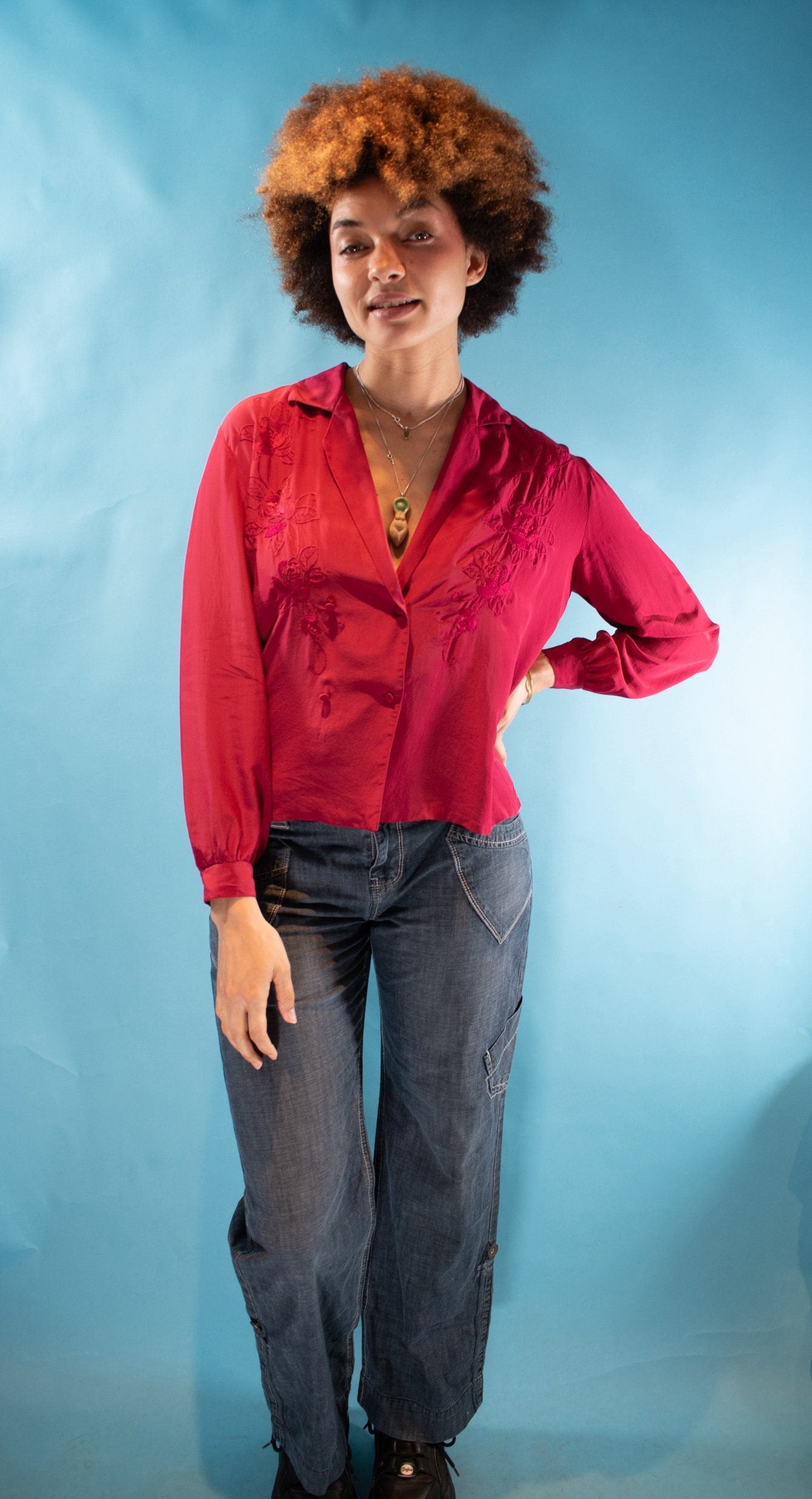 Vintage 1980s M/L Floral Embroidered Double Breasted Silk Shirt in Red.