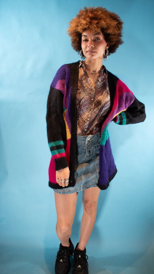 Vintage 1980s L/XL Colour Block Knitted Cardigan in Multi.