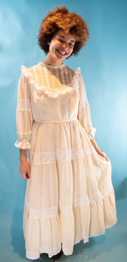 Vintage 1970s M Tiered Cotton Prairie Dress in Ivory.