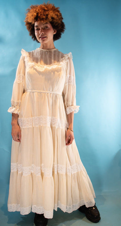 Vintage 1970s M Tiered Cotton Prairie Dress in Ivory.