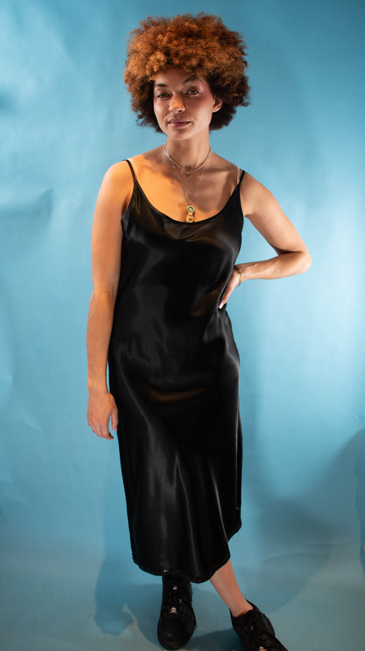 Vintage 1990s M/L Laura Ashley Satin Slip Dress in Black.