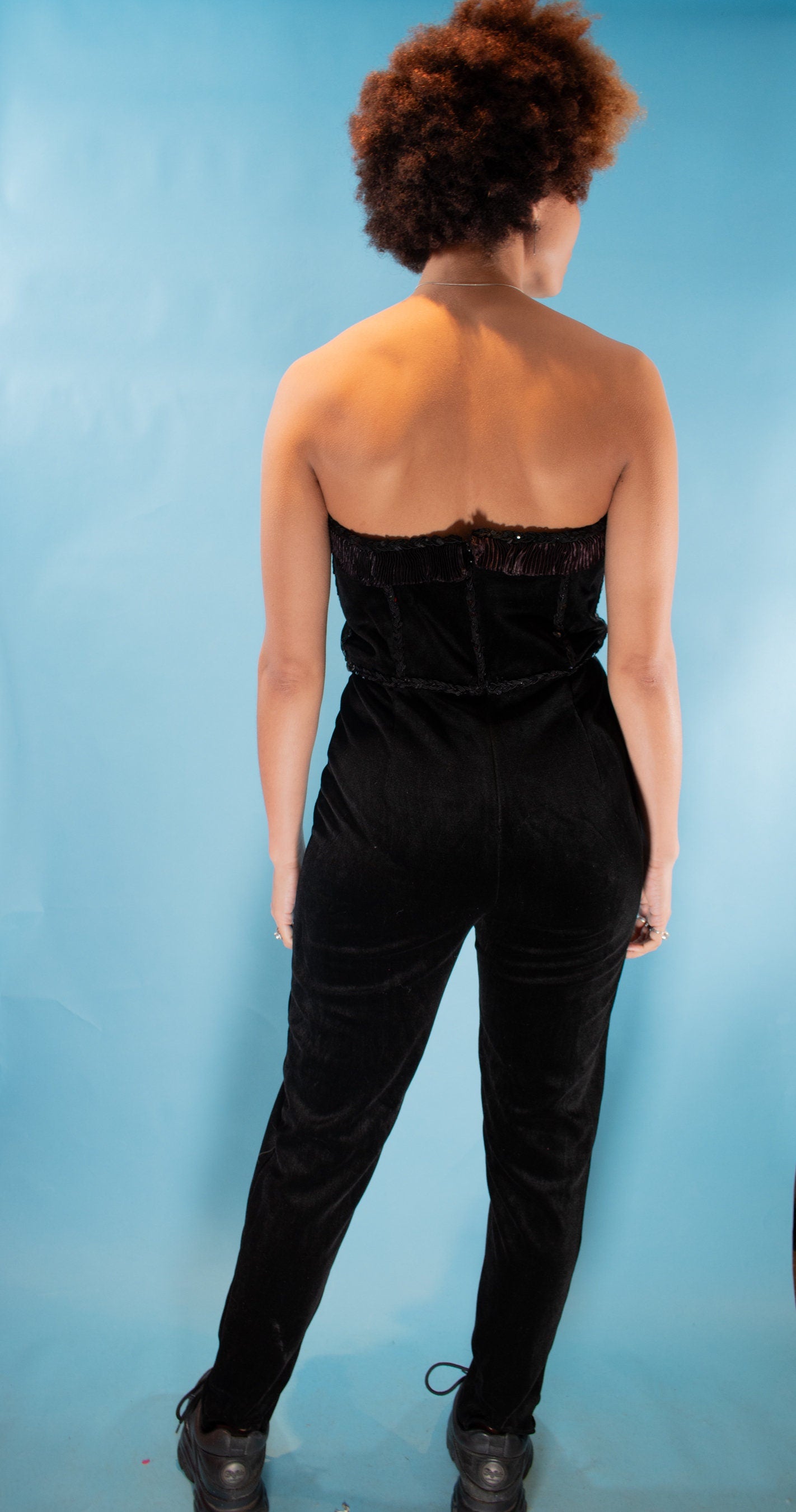 Vintage 1980s S/M Velvet Bandeau Embellished Jumpsuit in Black.