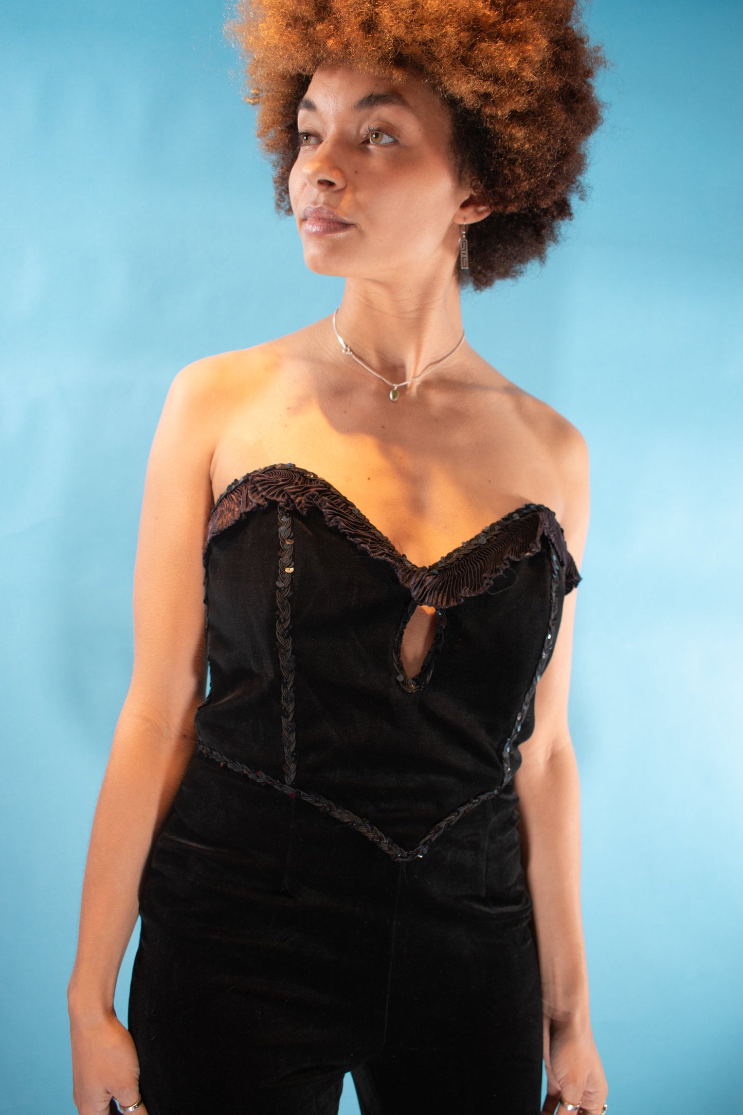 Vintage 1980s S/M Velvet Bandeau Embellished Jumpsuit in Black.