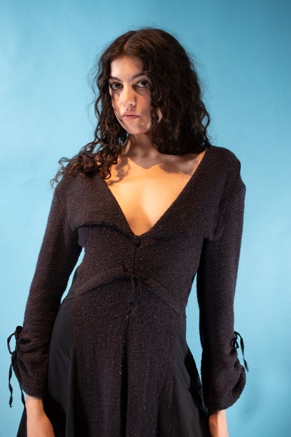 Vintage S/M Y2K Constructed Knitted Mini Dress in Dark Grey/Black.