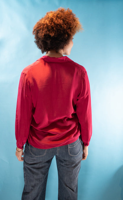 Vintage 1980s M/L Floral Embroidered Double Breasted Silk Shirt in Red.