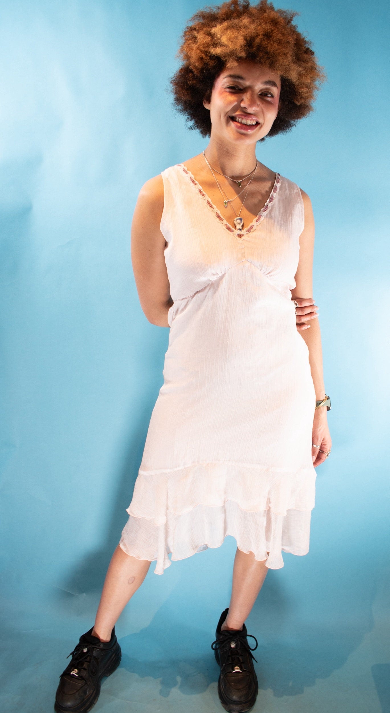 Vintage Y2K Size M Crepe Waterfall Summer Dress in Baby Pink.