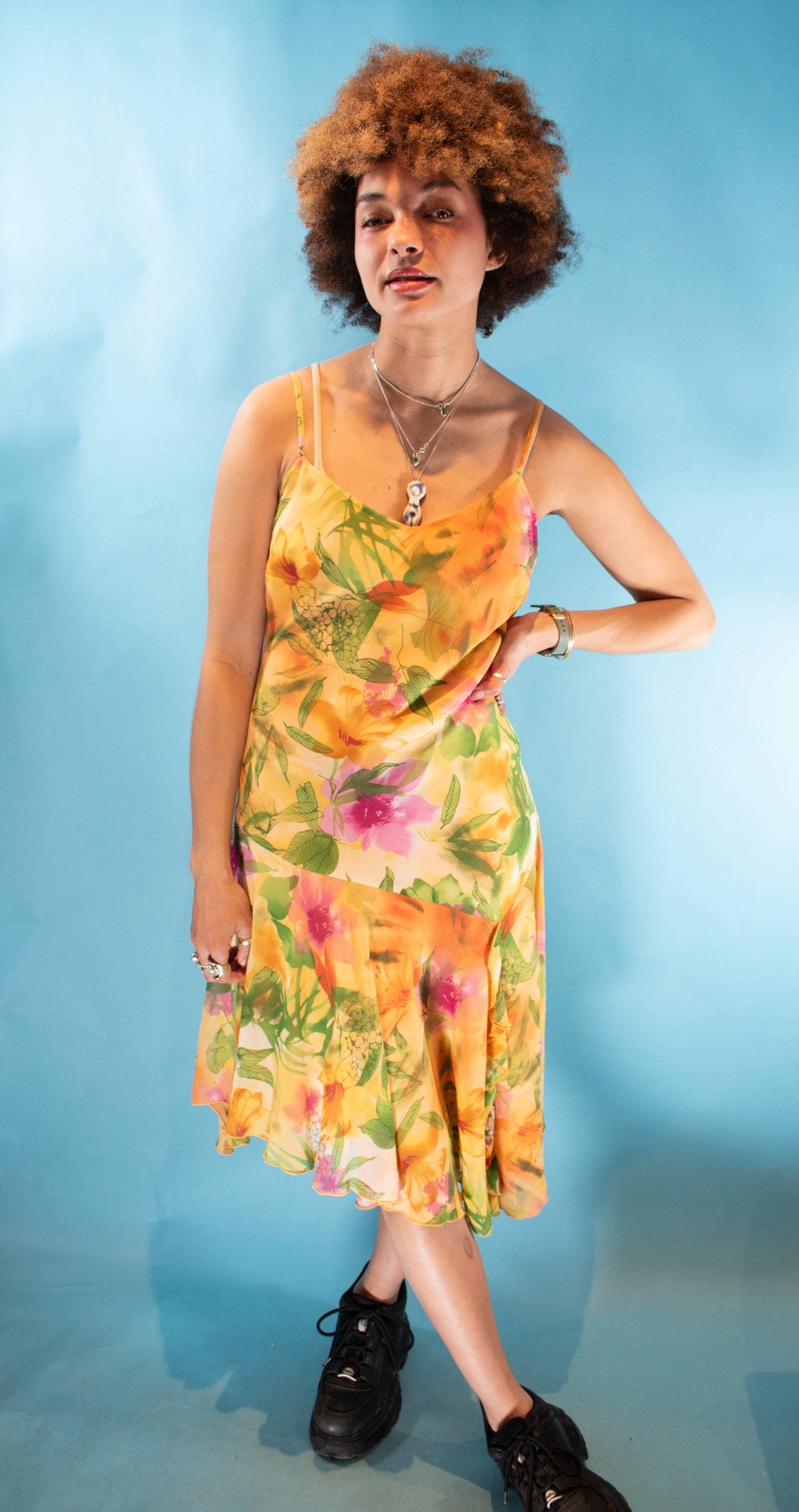 Vintage Y2K Size M Tropical Print Asymmetric Summer Dress in Yellow.